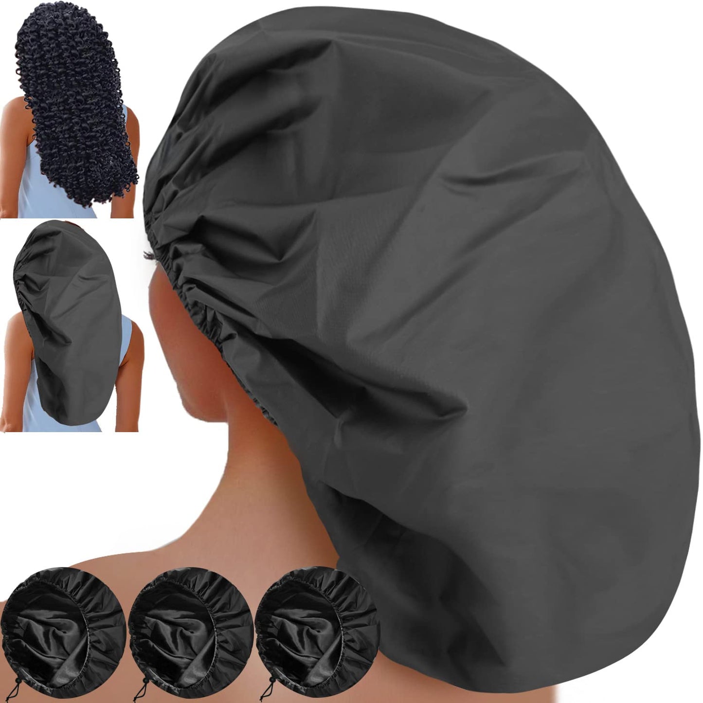 3 Pcs Super Jumbo Adjustable Satin Lined Shower Caps for Long Hair & Braids, Extra Extra Large Shower Cap for Women & Men, XXL Shower Cap with Waterproof Edge for Dreadlocks, Locs (Black)
