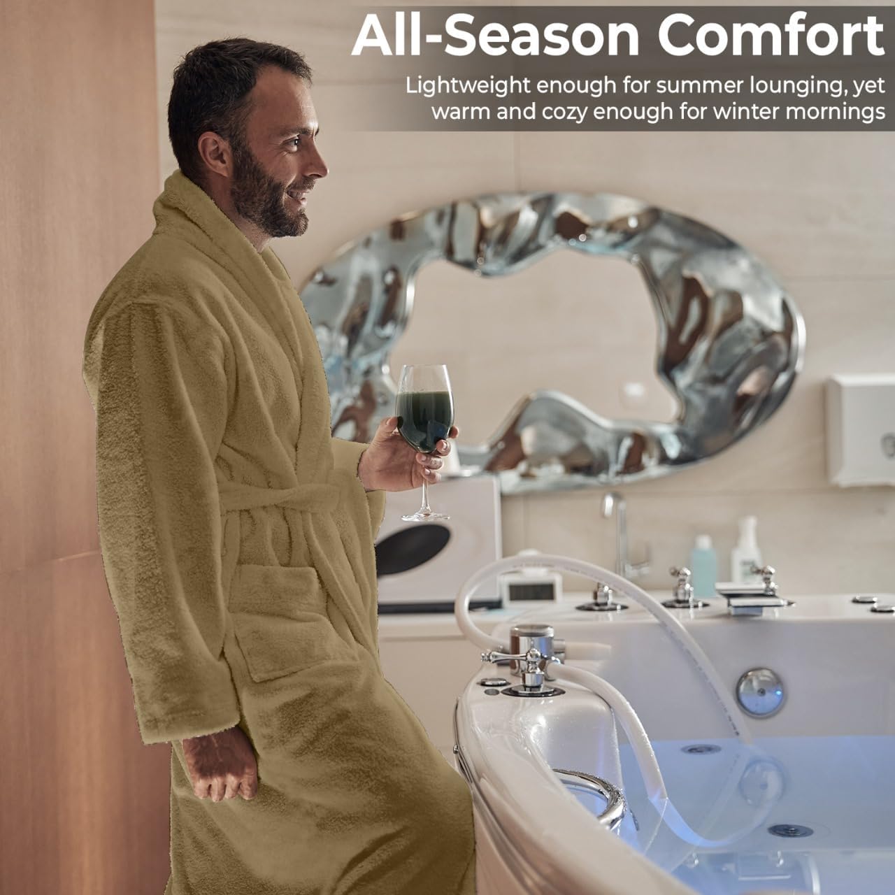 Men’s Hooded Bathrobe, 100% Cotton Terry Bathrobe, Spa Style Bath Robe, Absorbent Shower Robe, Lightweight Towel Bathrobes