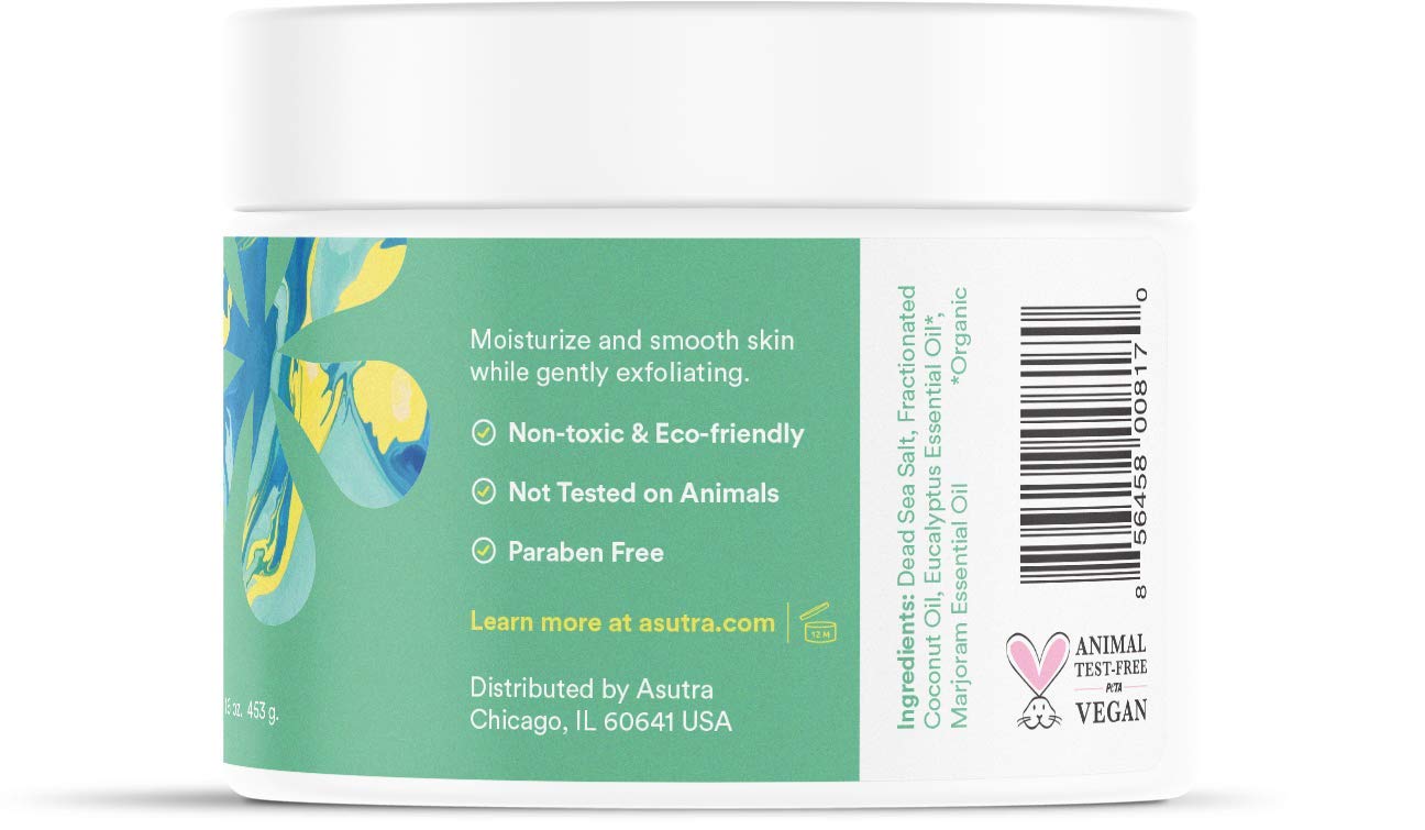 ASUTRA Dead Sea Salt Essential Oil Body Scrub Exfoliator (Invigorating Eucalyptus), 16 oz - Ultra Hydrating, Gentle, & Moisturizing - Coconut, Eucalyptus, and Marjoram Oils