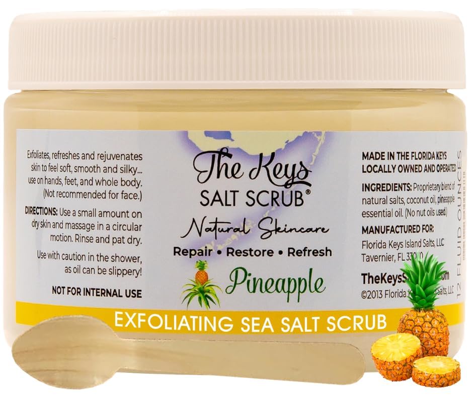 The Keys Salt Scrub -Sea Salt Scrub - Exfoliating Body Scrub with Wooden Spoon - Moisturizing Exfoliator for Hands, Foot, Bath, (12 Ounce (Pack of 1), Pineapple)