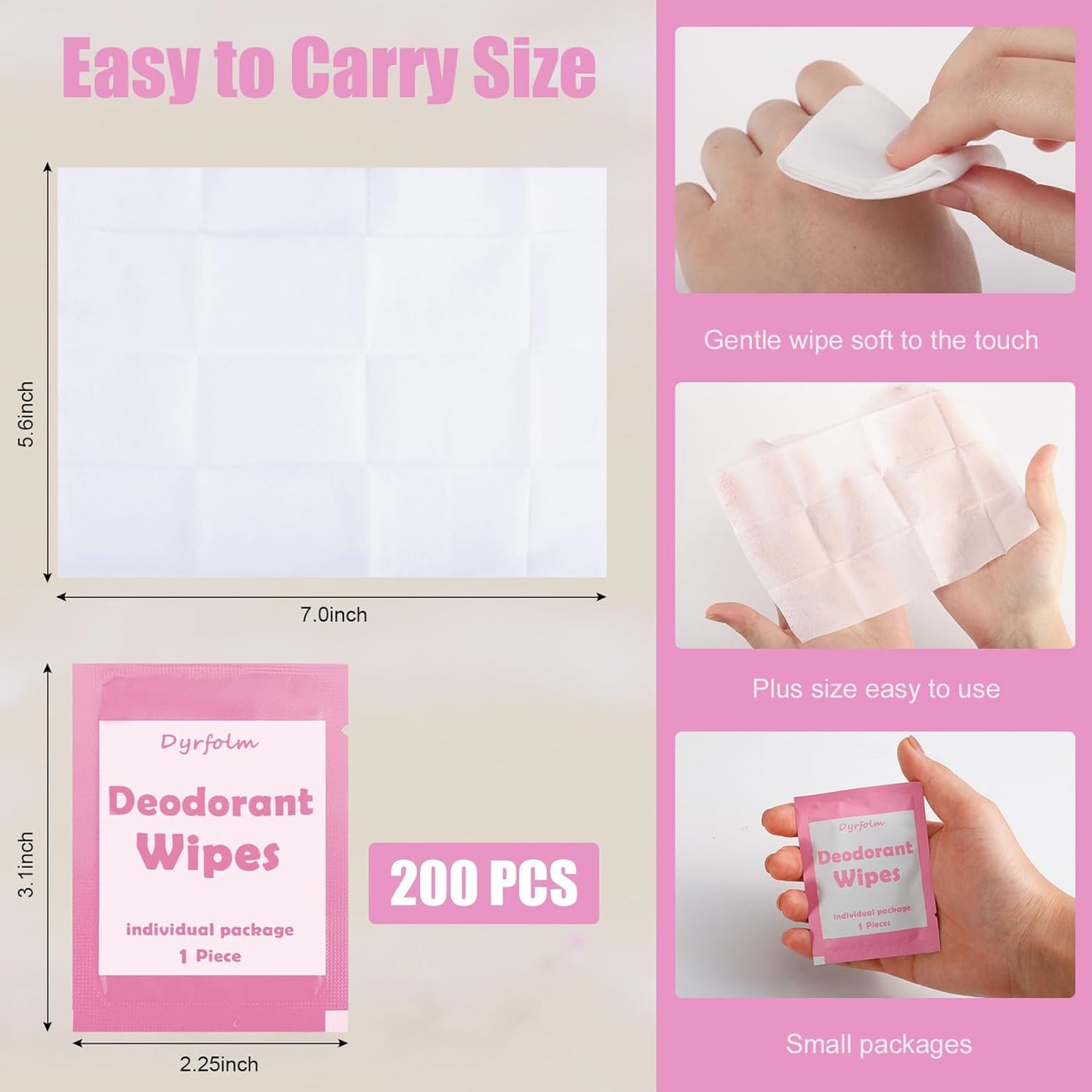 200 Pcs Underarm Deodorant Wipes,Travel Deodorant Wipes,Individually Wrapped Antiperspirant Wipe,Sweat Body Wipe for Women Men Adults Sports Travel Essentials(Pink)