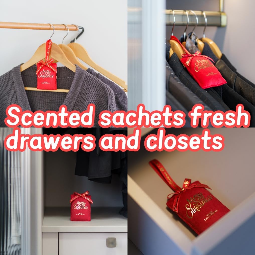 AUCUDA 4pcs Merry Christmas Sachet Bags Apple Cinnamon Scented for Drawers and Closets, Potpourri Packets for Women Outfit, Winter Red Fragrance Pillow for Bedroom Indoor, Fresheners for Wedding