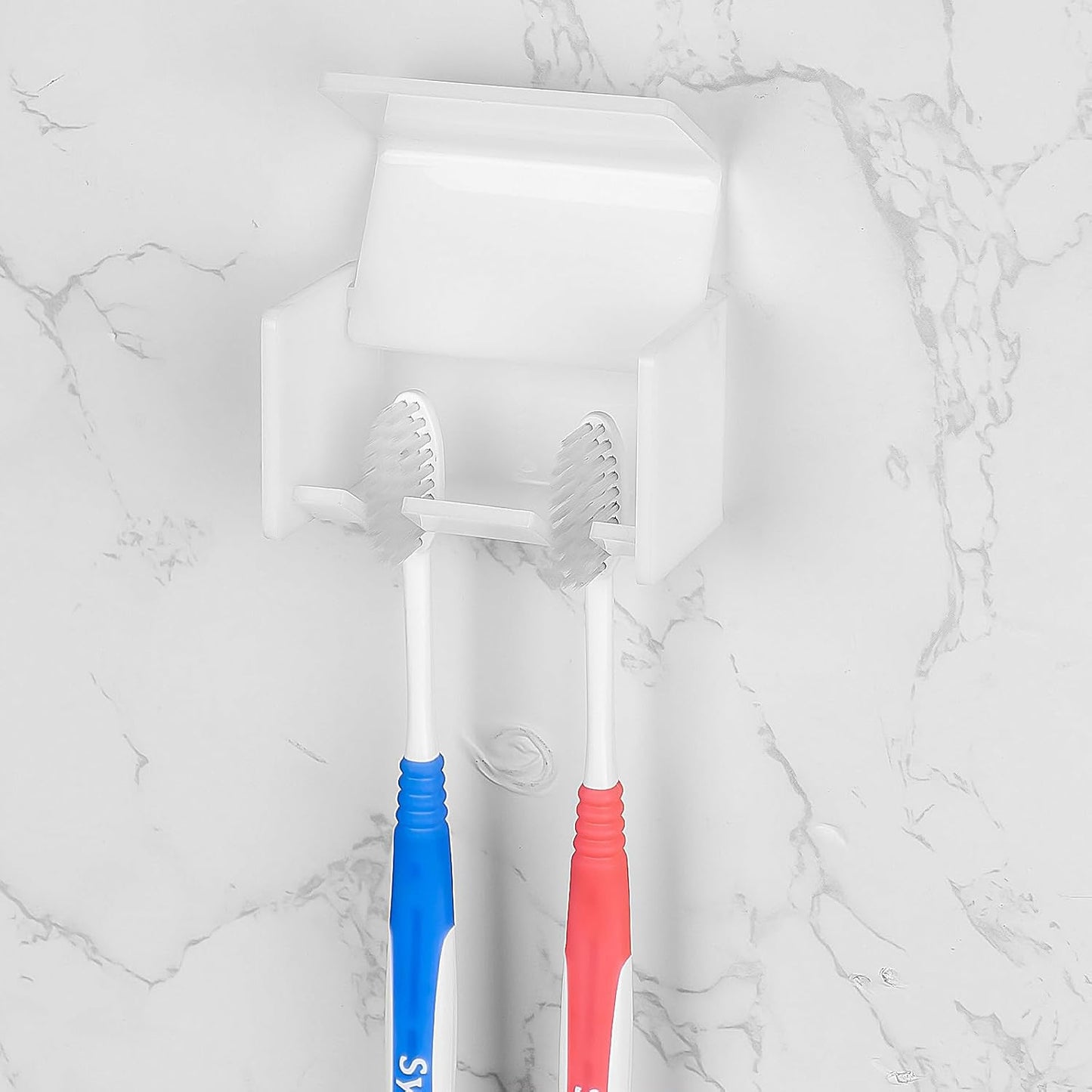 Toothbrush Holder Wall Mounted with Cover for Bathroom, 2 Slots Toothbrush Storage Organizer for Shower, Self Adhesive Toothbrush Hanger Rack for Dorm, Cabinet (White)