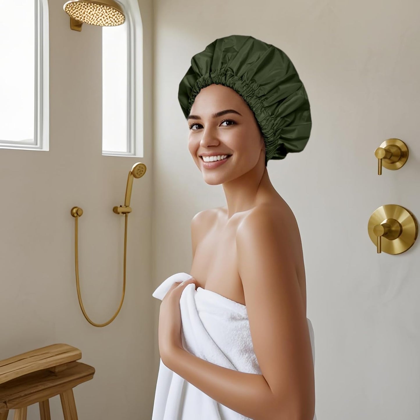 Reusable Shower Cap for Women, Large Waterproof Shower Essentials Bonnet Washable Elastic Band Bath Hair Wrap Hat for Long Hair, Braids(Pink&Green)