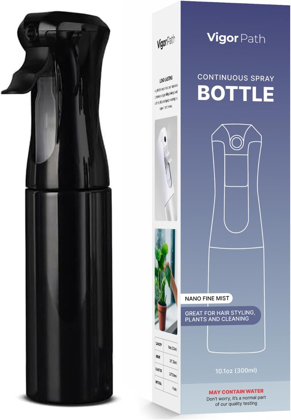 VIGOR PATH Continuous Spray Bottle with Ultra Fine Mist - Versatile Water Sprayer for Hair, Home Cleaning, Salons, Plants, Aromatherapy, and More - Empty Hair Spray Bottle - 300ml/10.1oz (Black)