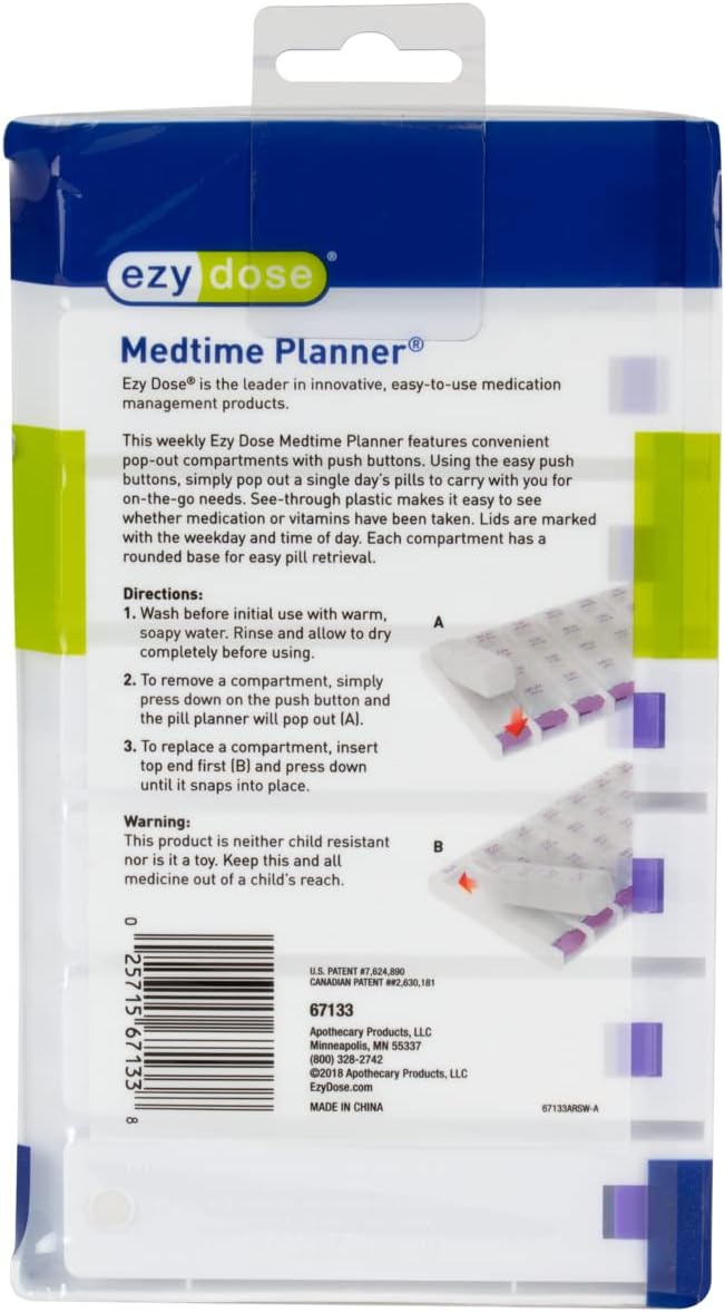 EZY DOSE Weekly (7 Day) 4 Times a Day Push Button Pill Organizer and Vitamin Planner, Removable Daily Pillboxes, Green, Convenient and Easy to Use, Clear Lids, Large, BPA Free