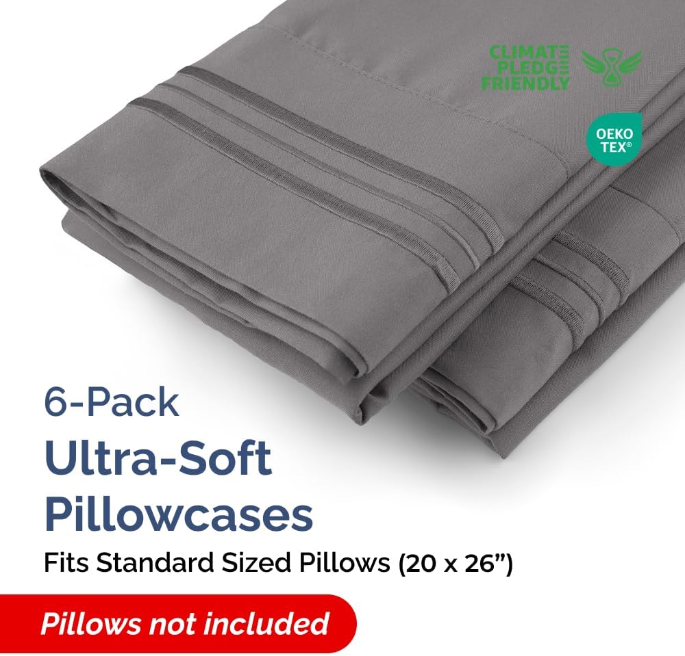Standard Pillow Cases Set of 6 - Ultra Soft Hotel Quality Pillowcase Covers - Comfy, Cozy & Wrinkle Free - Shrink, Stain & Fade Resistant - Machine Washable Pillow Protectors - 6 Piece Set - Dark Grey