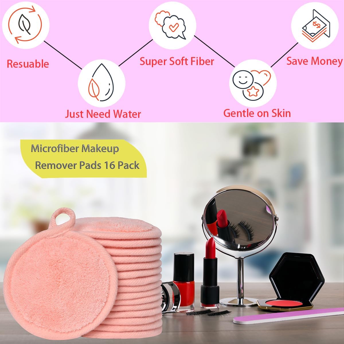 Reusable Makeup Remover Pads 16 Pack Microfiber Cleansing Facial Rounds Wipes Face, Eyes, Lips（3.5inch, coral）