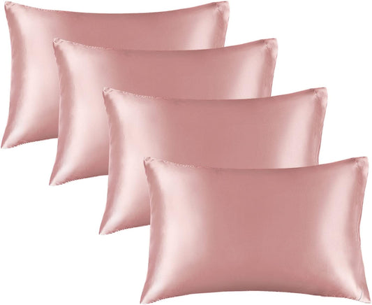 BEDELITE Satin Pillowcase for Hair and Skin, Super Soft Similar to Silk Pillow Cases 4 Pack with Envelope Closure, Cooling Pillowcases for Women Men (20"x30" Queen Size, Rose Pink)