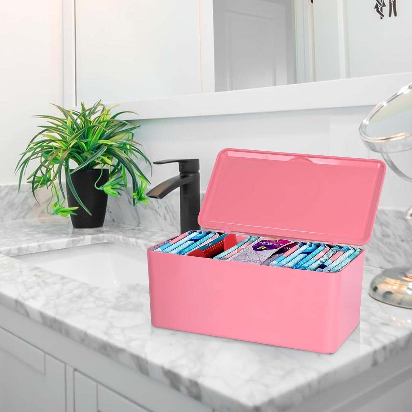 Pad and Tampon Organizer for Bathroom,Sanitary Napkin Holder, Pad and Tampon Organizer for Period, Sanitary Napkin Storage Container, Light Pink