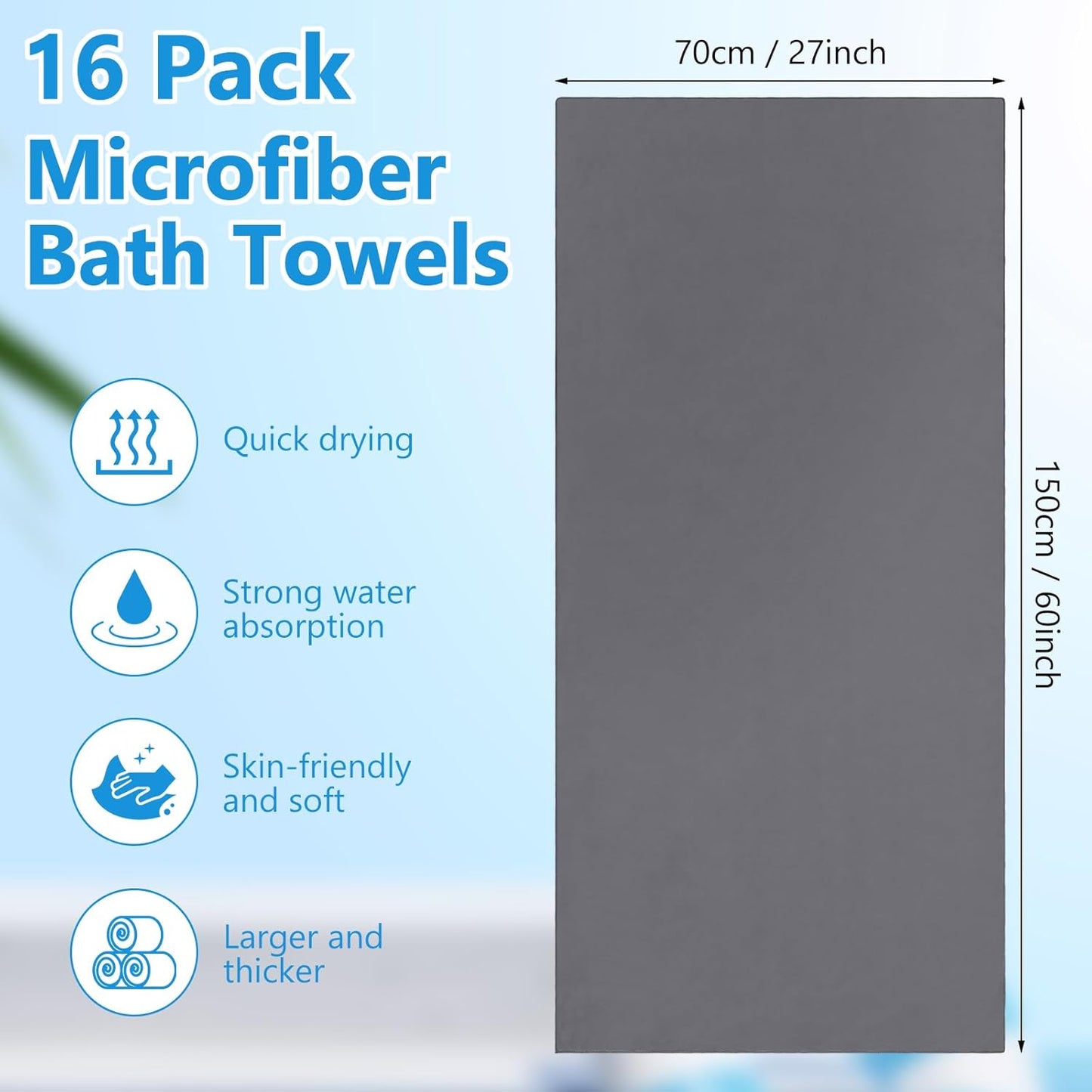 16 Pack Microfiber Bath Towels Bulk 27'' x 60'' Oversized Size Bath Towel Highly Absorbent Extra Large Soft Drying for Shower Beach Salon Winter Sport Spa Gym (Simple,Dark Gray)