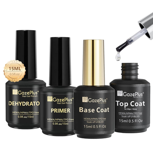 15ML Top Coat & Base Coat Set with Nail Primer and Nail Prep Dehydrator, Acid-Free Hema-free Dehydrate & Primer Set Shiny Top Coat for Acrylic Gel Nail Gel Polish Manicure