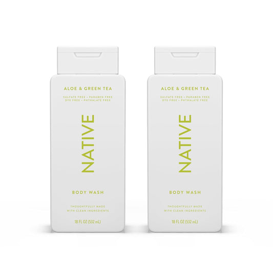Native Body Wash Contains Naturally Derived Ingredients | For Women & Men, Sulfate, Paraben, & Dye Free Leaving Skin Soft and Hydrating |Aloe & Green Tea 18 oz - 2 Pk