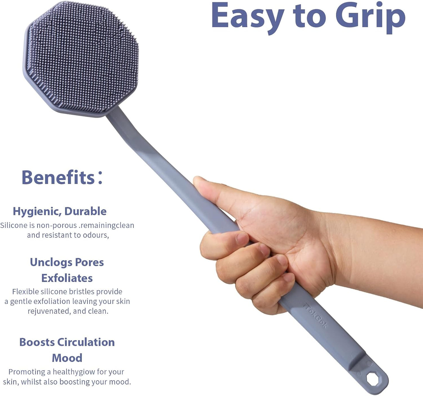 iTokGoK® Silver-Infused Silicone Back Scrubber with Long Handle Back Brush for Shower,Back Brush Long Handle for Men and Women,Ergonomic No-Slip Handle, Long-Lasting (Lavender)