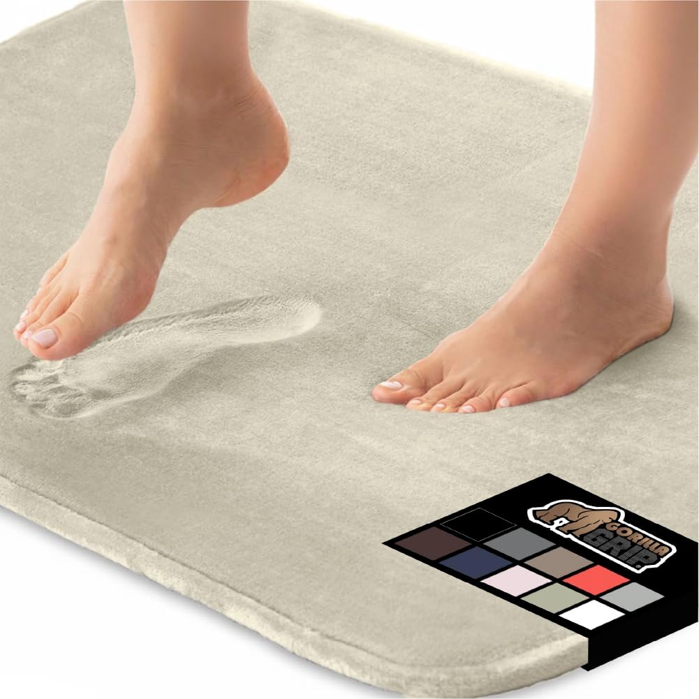 GORILLA GRIP Memory Foam Bath Rugs, Soft Absorbent Velvet Bathroom Mats, Durable Dots on Underside, Machine Washable Bathmat, Carpet Rug Room Decor for Shower Floor, 48x24 Mat, Champagne