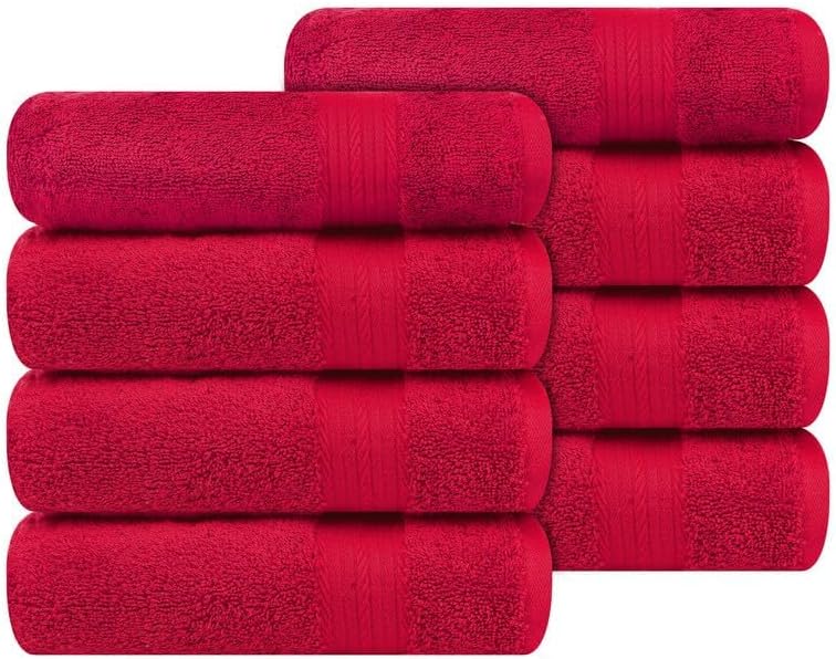Ample Decor Hand Towel 18 X 28 Inch Pack of 8 600 GSM 100% Cotton, Soft Absorbent Premium Quality, for Hotel, Bathroom, Spa, Gym - Red