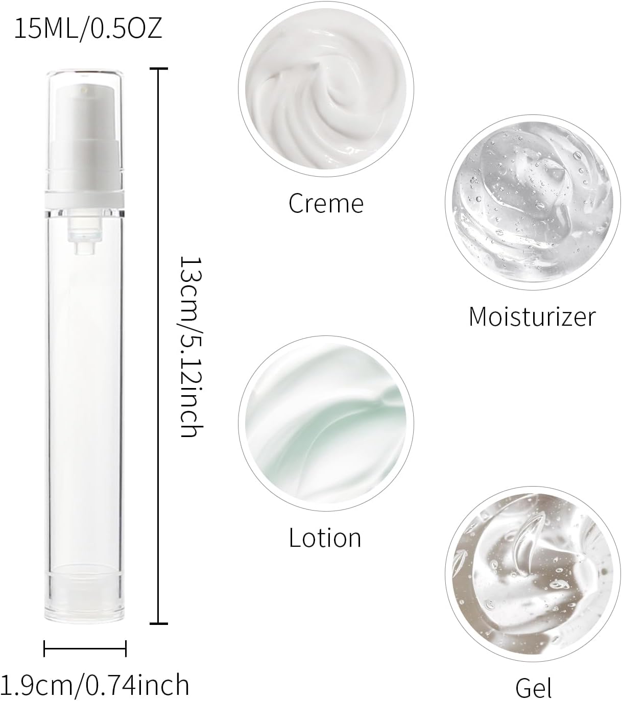 6 Pack 0.5 oz Plastic Mini Airless Pump Bottles Travel Size Refillable Leakproof Lotion Containers for Skincare Cosmetics Toiletries TSA Approved