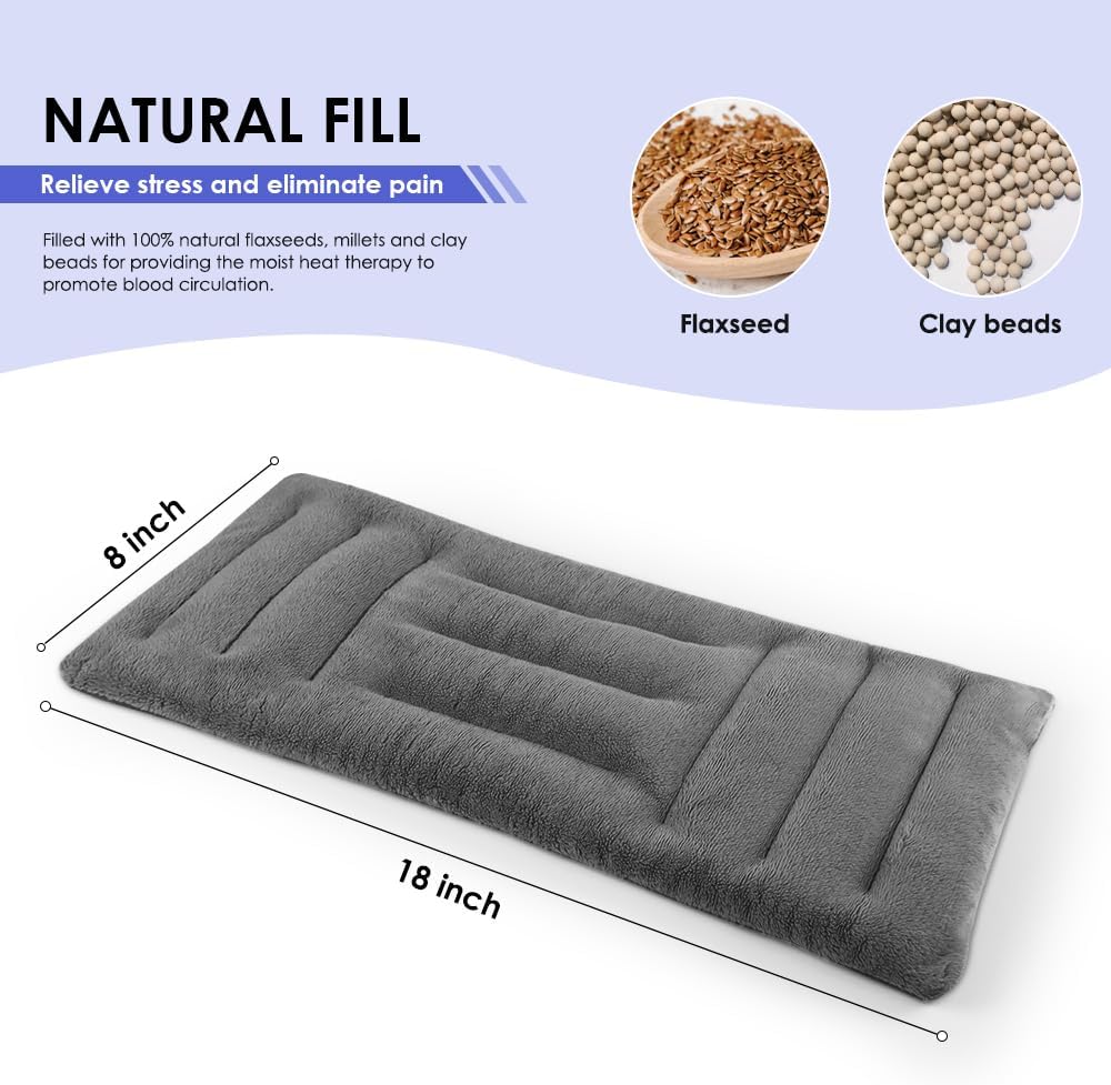 Microwave Heating Pad for Pain Relief, 8 x 18 Microwavable Moist Heat Pads for Neck, Shoulder, Back, Knee, Period Cramps, Rice Heat Pack Hot & Cold Compress Reusable & Portable, Grey