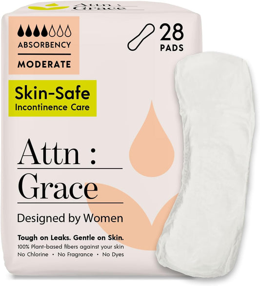 Attn: Grace Moderate Incontinence Pads for Women, 28-Pack - High Absorbency, Breathable, Plant-Based - Incontinence Pads for Moderate Bladder Leaks & Sensitive Skin