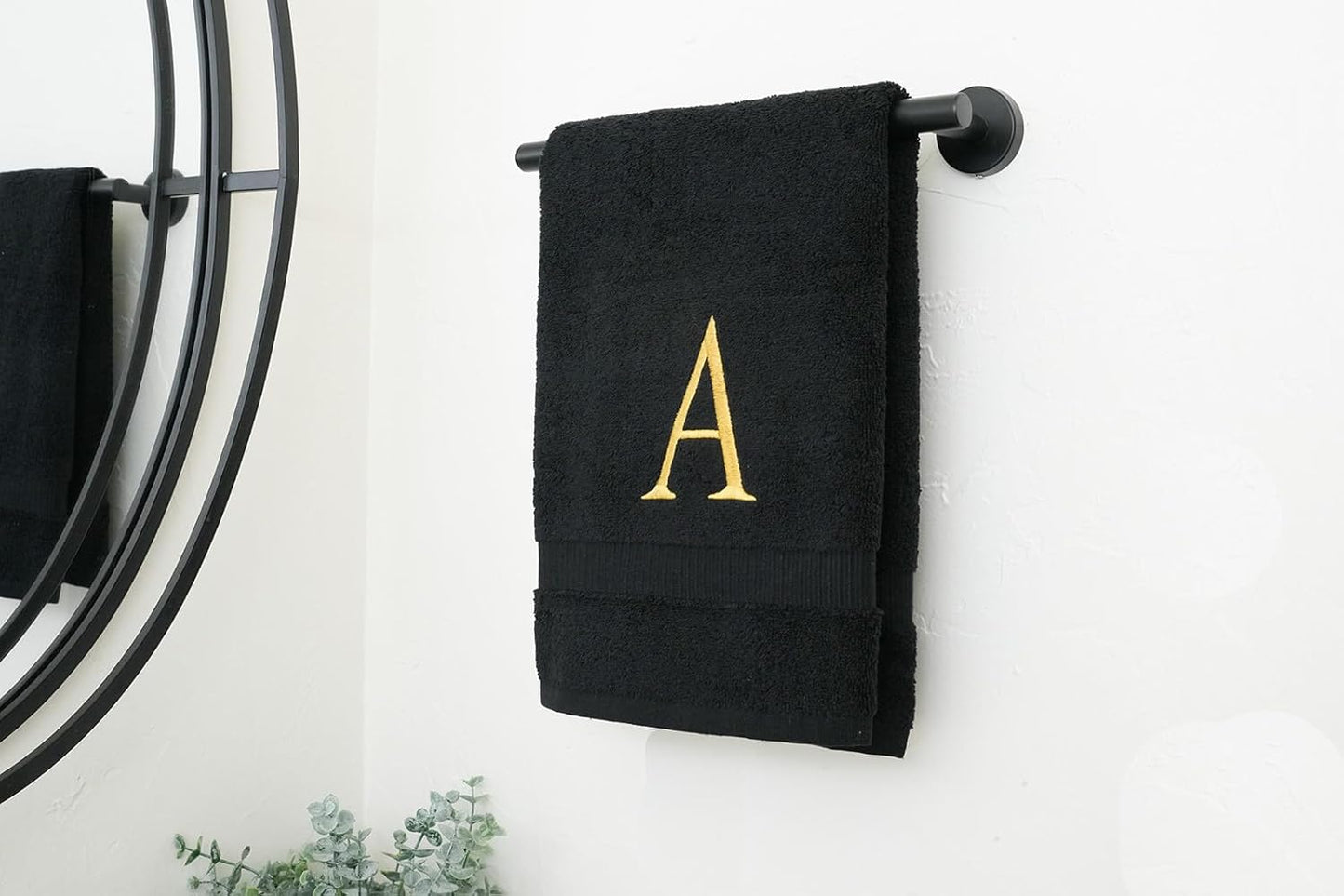 Black Monogrammed Hand Towels for Bathroom- Black and Gold Luxury Hotel Quality Personalized Initial Decorative Embroidered for Powder Room, Spa-GOTS Organic Certified - Pack of 2, Letter A