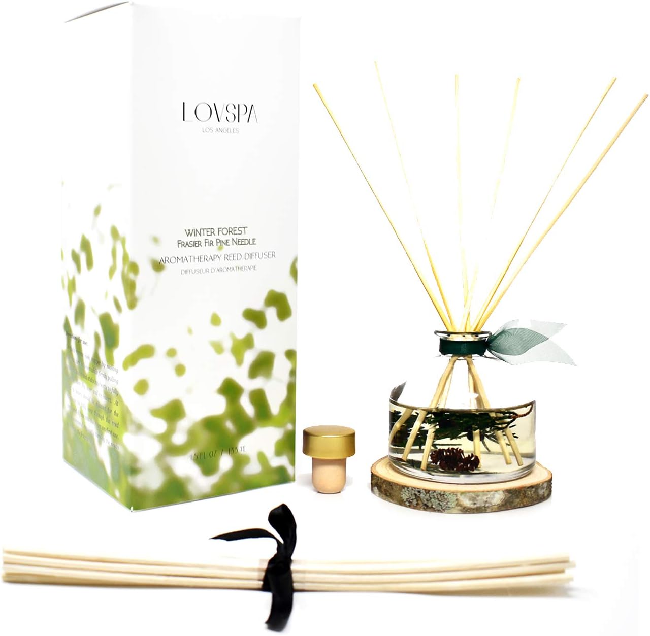 LOVSPA Reed Diffuser Set, Winter Forest Pine Scented Oil Diffuser with Sticks and Wooden Coaster, Bathroom Shelf Decor Made with Real Botanicals, USA Made