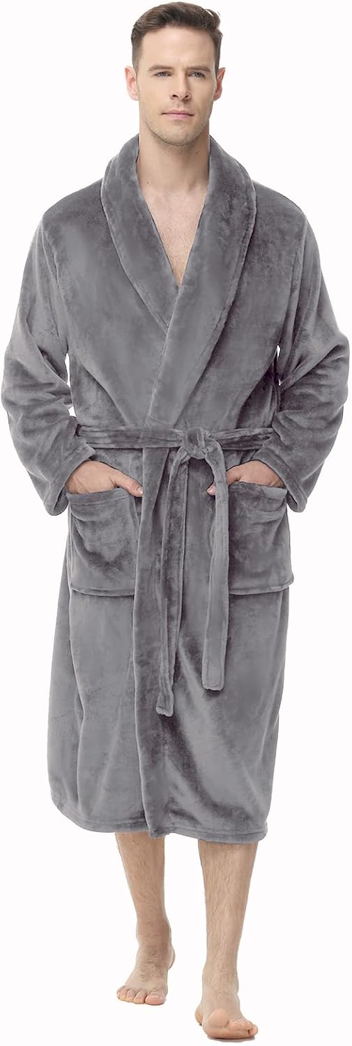 Yurhap Mens Fleece Robe, Soft Plush Robe for Men, Fluffy Bathrobe with Belt & 2 Pockets