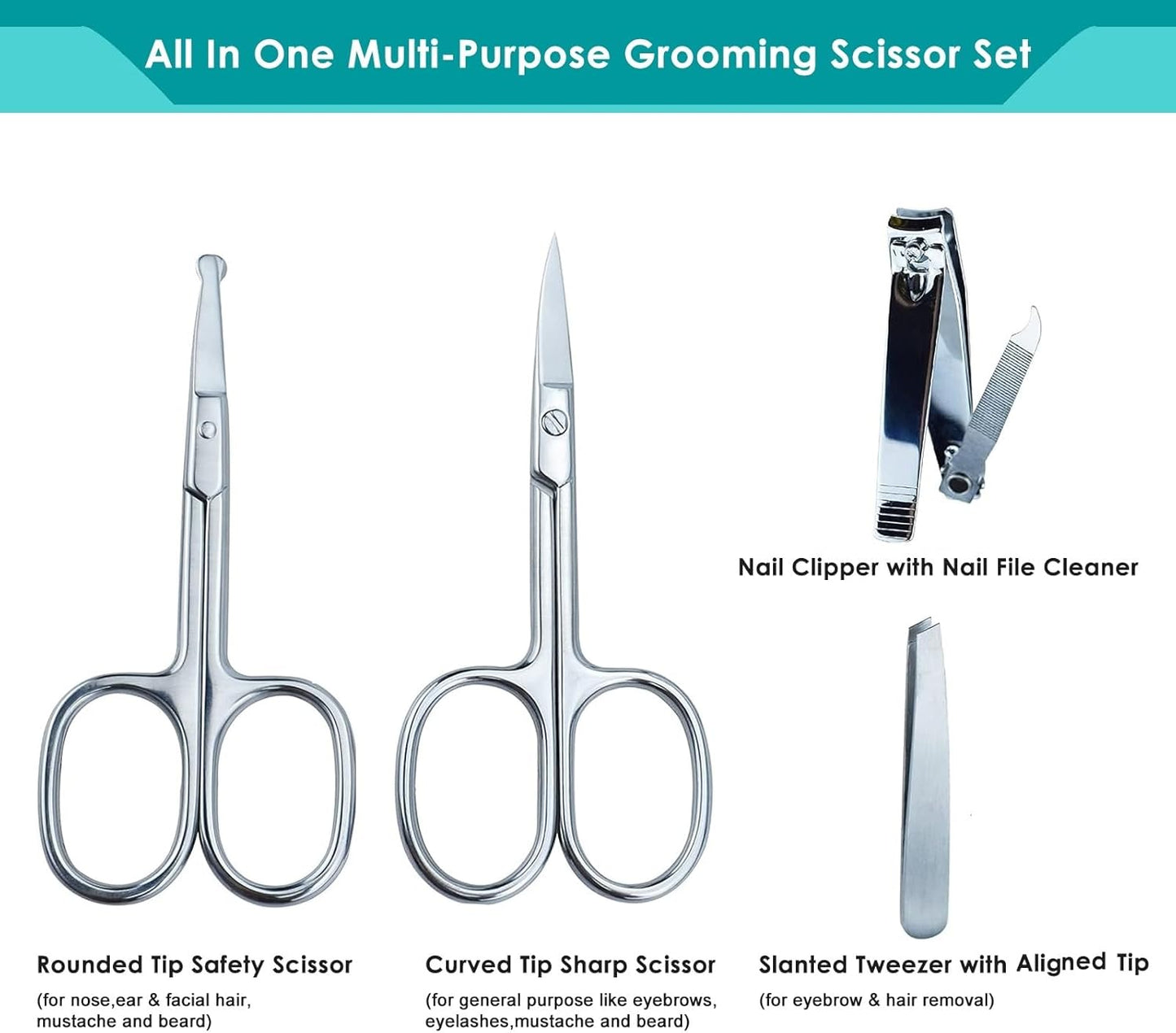 5Pcs Beauty Grooming Eyebrow Scissor Men Women Facial Nose Hair Scissor Curved Round Blunt Mustache Beard Manicure Pedicure Trimmer Set Stainless Steel Slant Tweezers Nail Clipper Pet Dog Scissor Kit