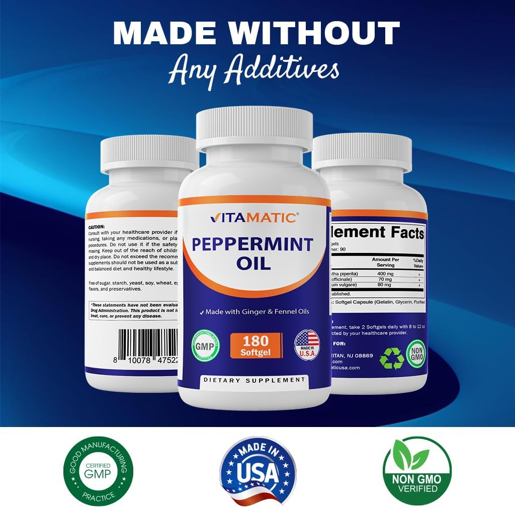 Vitamatic Peppermint Oil Gel with Ginger & Fennel Oils, 550mg per Serving, 180 Softgels