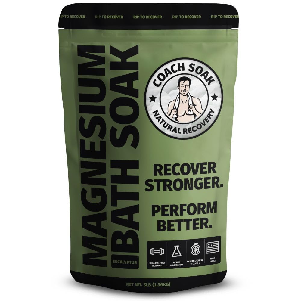 Coach Soak: Recovery Bath Soak – Rejuvenating Post Workout Natural Magnesium Flakes - 21 Minerals, Essential Oils & Dead Sea Bath Salts - Absorbs Faster Than Epsom Salts, 3lbs (Eucalyptus Tea Tree)