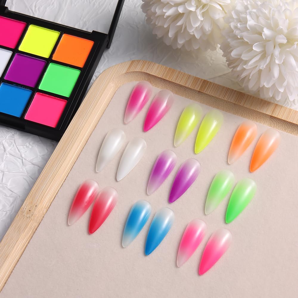 Neon Phosphor Nail Pigment Powder Palette, 9 Colors Solid Pigment Powder for Nails, Fluorescent Glitter Aura Nails Rubbing Dust with Ombre Nail Brush & Sponge Sticks Manicure Art DIY Accessories