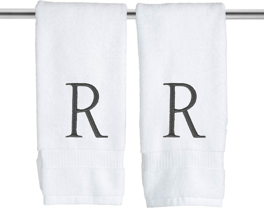 White Monogrammed Hand Towel - Monogram Initial Hotel Quality Decorative Embroidered Luxury Towel for Powder Room, Spa - GOTS Organic Certified - Set of 2 Dark Gray Letter R