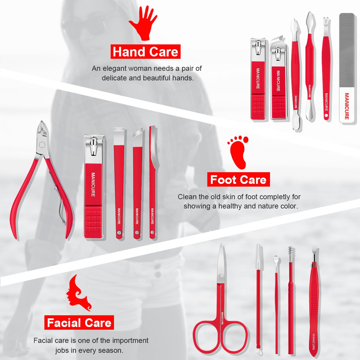 Manicure Set Professional Nail Clippers Pedicure Kit, 16 pcs Stainless Steel Nail Care Tools Grooming Kit with Luxurious Travel Leather Case for Thick Nails Men Women Gift (Red)