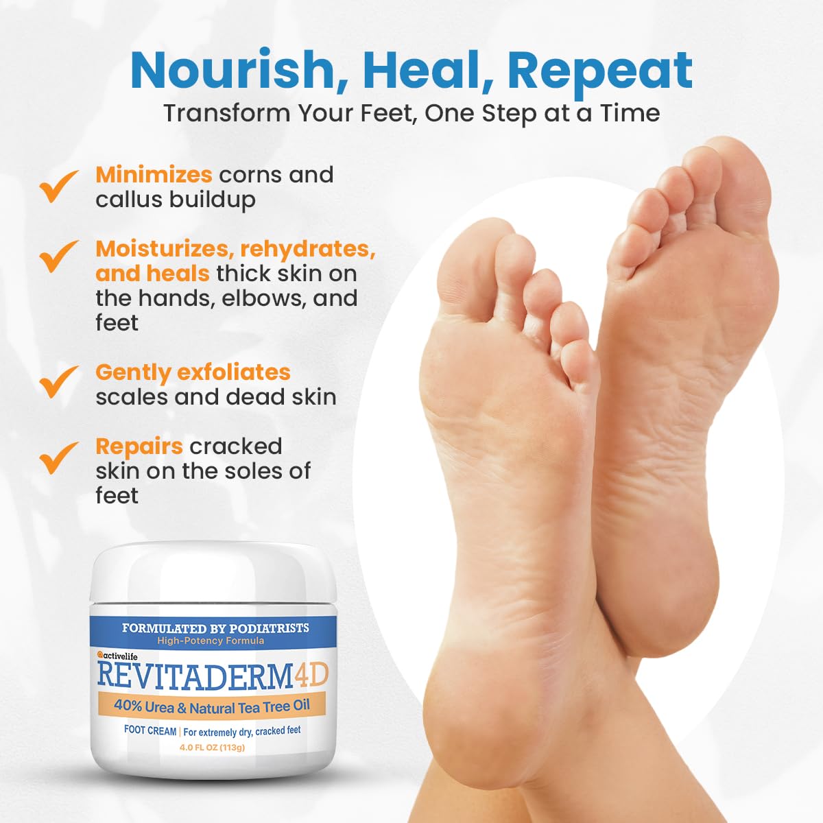 Revitaderm 4D Urea Cream 40% for Feet, Intensive Moisturizing Foot Cream for Dry, Rough, Callused Skin, Includes Free Pumice Stone and Exfoliating Brush, Fast-Absorbing, Fragrance-Free, 4oz, 5 Pack