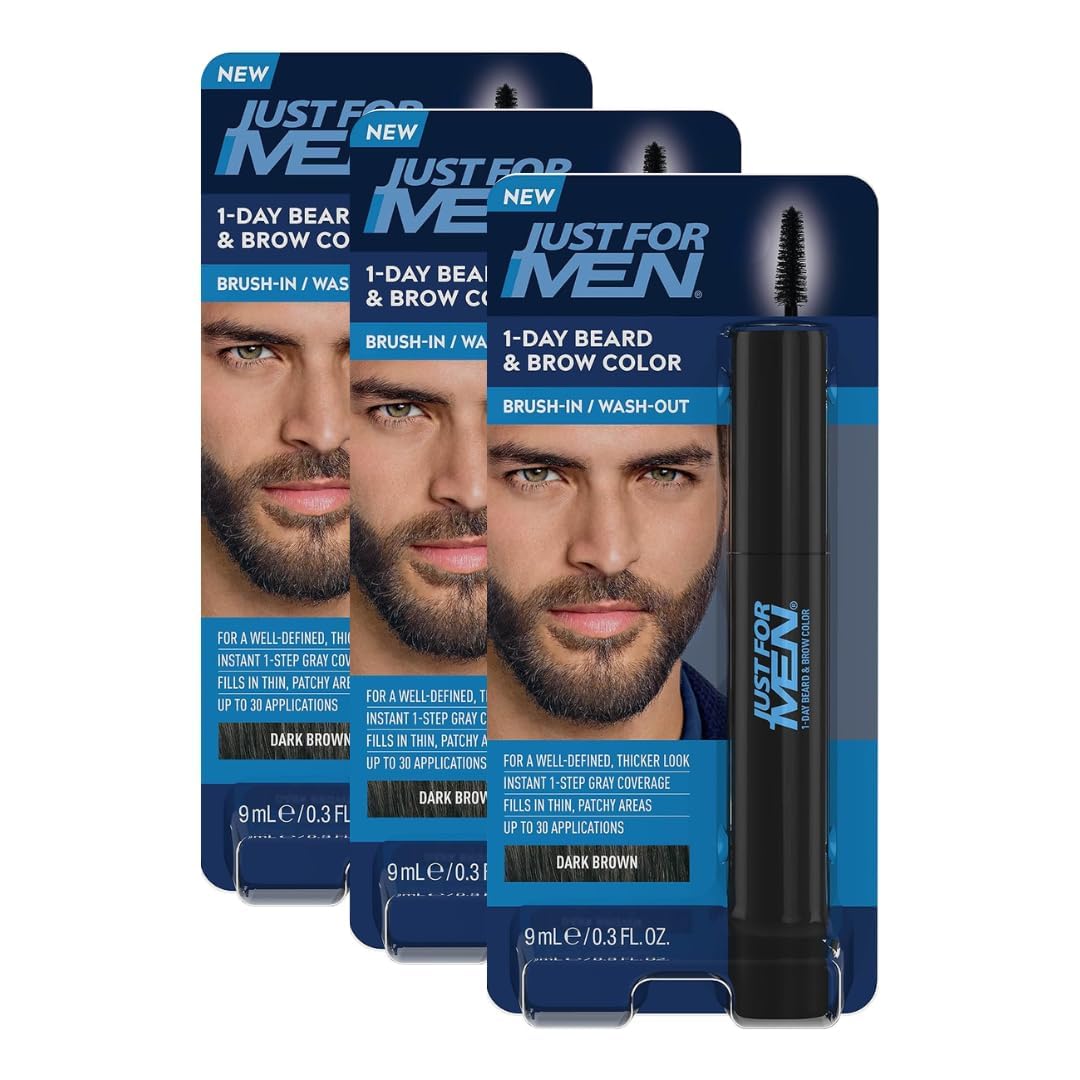 Just for Men 1-Day Beard & Brow Color, Temporary Color for Beard and Eyebrows, For a Fuller, Well-Defined Look, Up to 30 Applications, Dark Brown, Ships in Eco-Friendly Packaging (Pack of 3)