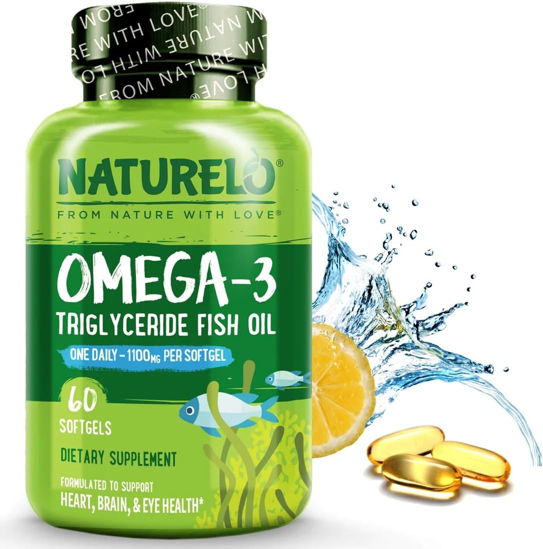 NATURELO Burpless Omega 3 Fish Oil Supplement - 1100mg Triglyceride Omega-3, EPA + DHA, Liquid Fish Oil for Heart, Eye, Brain, Joint Health - 60 Softgels, 2 Months Supply