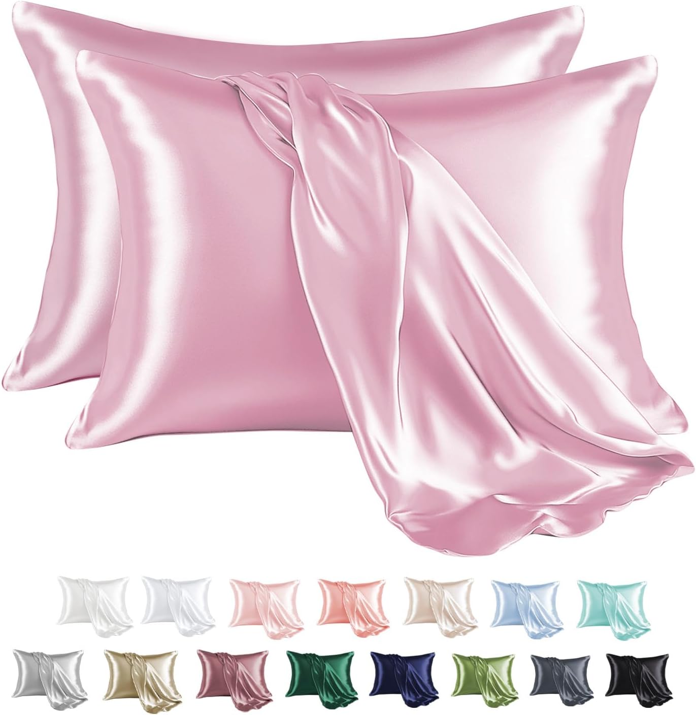 MR&HM Satin Pillowcase for Hair and Skin, Silk Satin Pillowcase 2 Pack, Queen Size Pillow Cases Set of 2, Silky Pillow Cover with Envelope Closure (20x30, Pink)