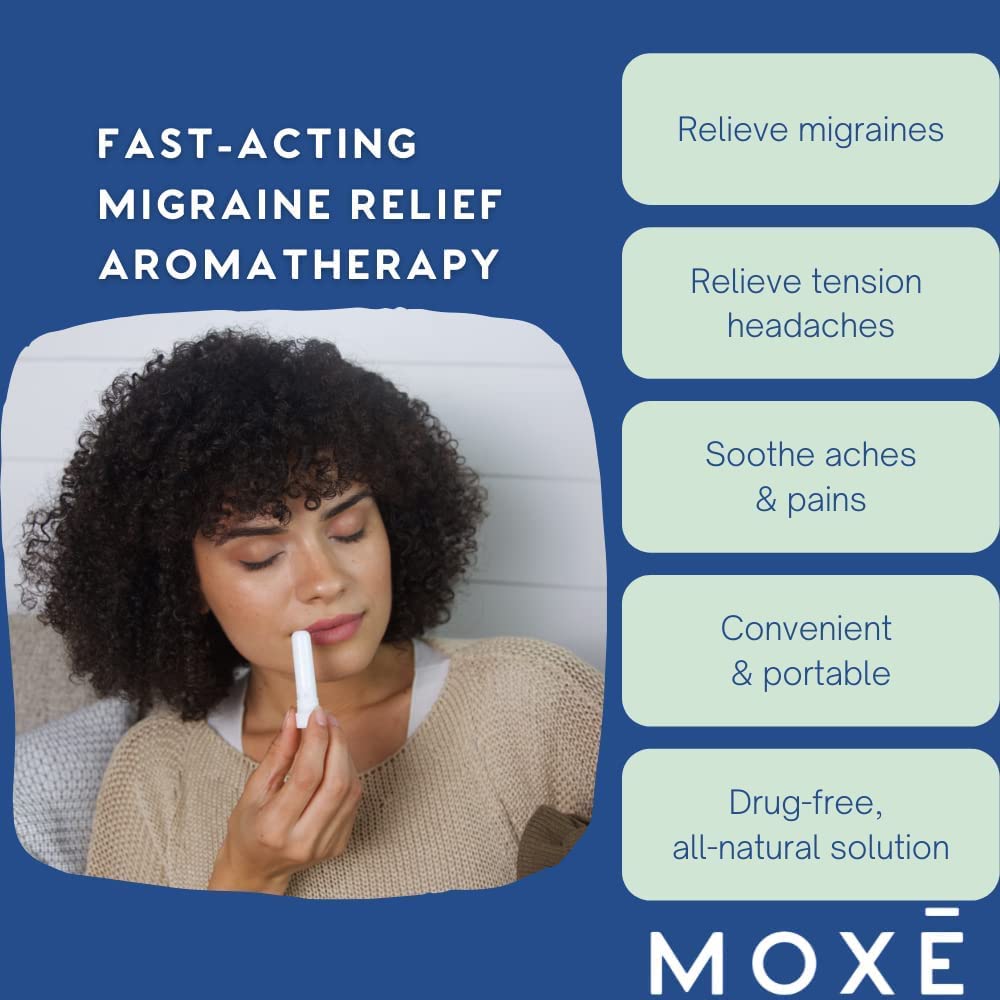 MOXE Migraine Relief Nasal Inhalers, Essential Oils for Headaches & Tension Relief, Portable Aromatherapy, Easy-to-Use, Pure & Undiluted, Peppermint, Spearmint, Eucalyptus, Tea Tree, USA Made, 3 Pack