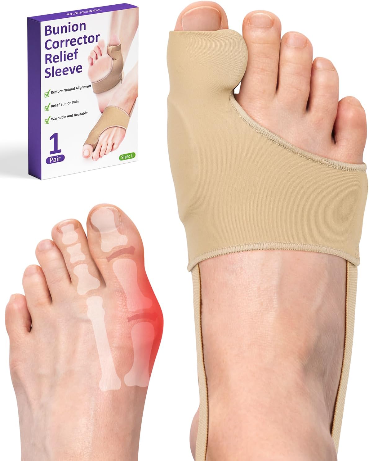 2Pcs Bunion Corrector for Women Men, Toe Straightener, Breathable Toe Spacers Separator Socks with Gel Cushion Pads for Hallux Valgus Correction (L)