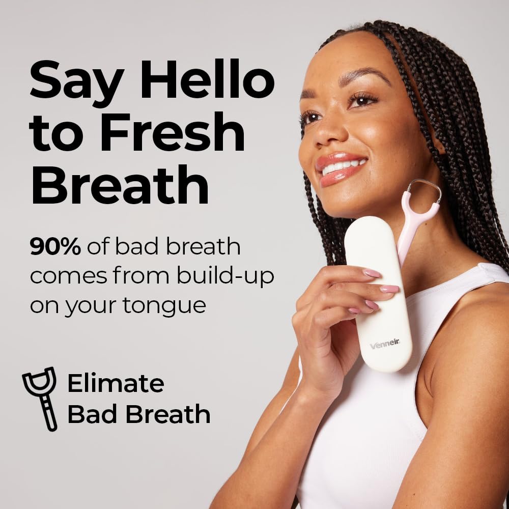 Venneir® Tongue Scraper with Travel Case, Oral Glide Pro–Bad Breath Treatment, Medical-Grade Stainless Steel– for Adults & Kids. 100% Rustproof, Sleek & Effective Design (Pink Frost)