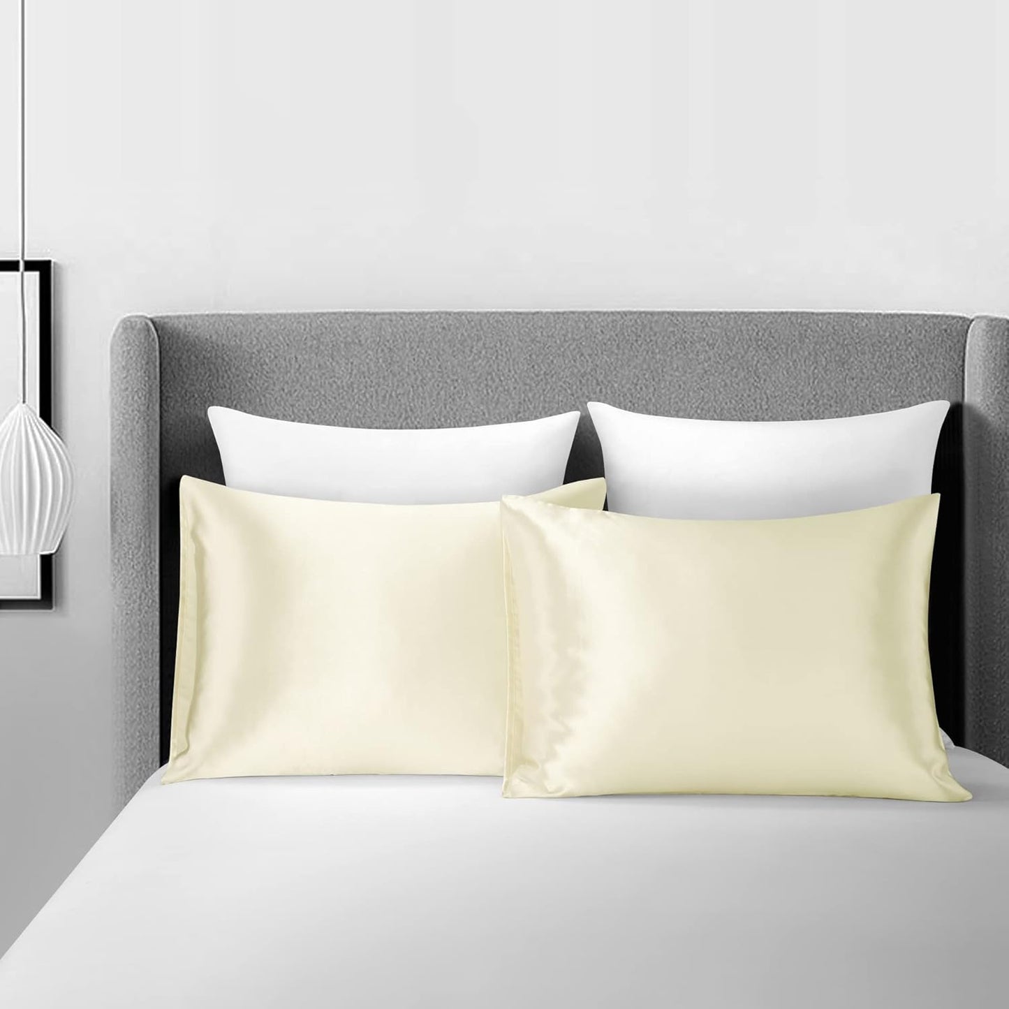 JUWENIN,Luxury Satin Pillowcase with Zipper (Silky Satin Pillow Case for Hair) Set of 2 (Standard, Beige)