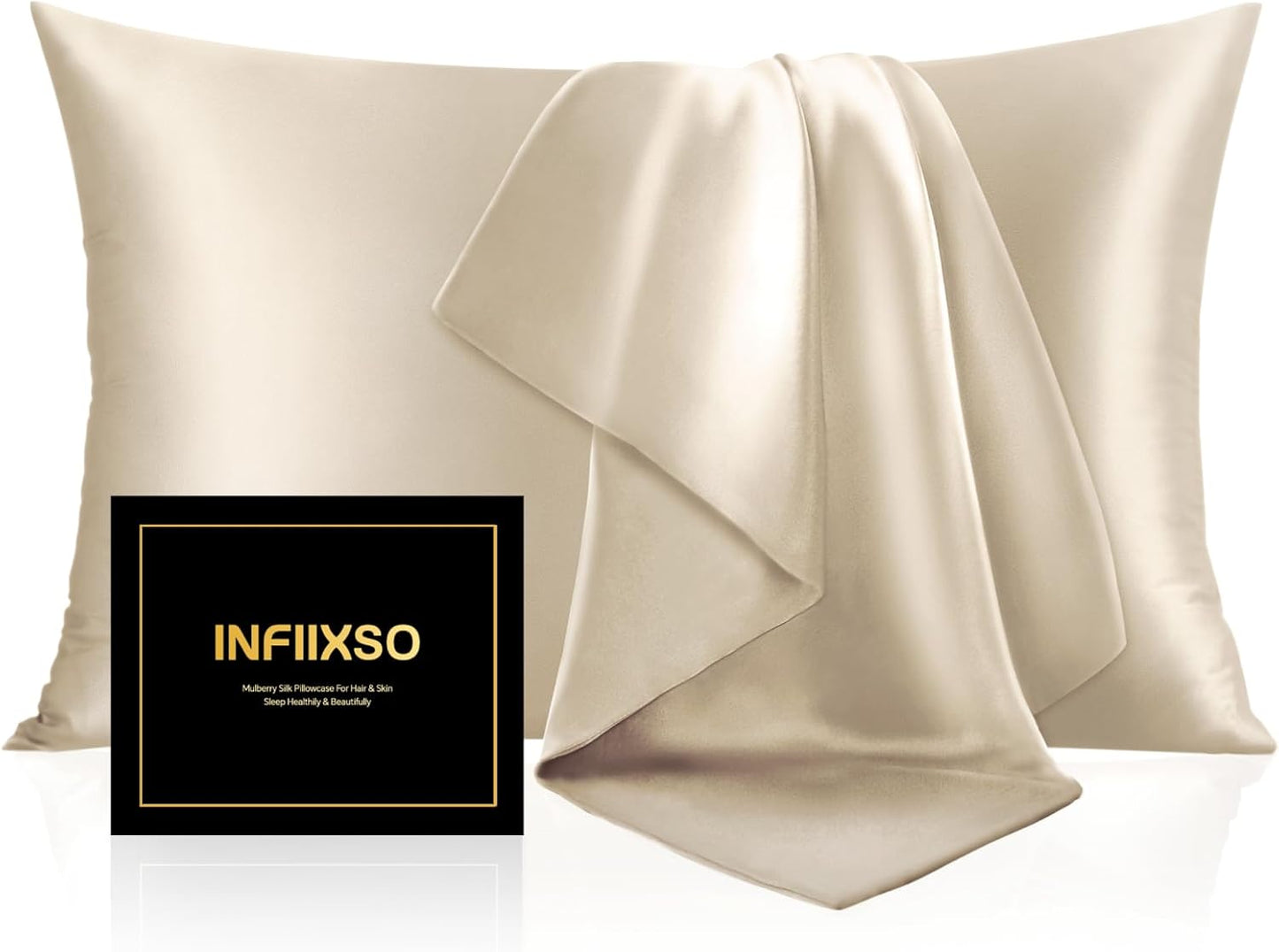 INFIIXSO Mulberry Silk Pillow Cases King Size Set of 2, Silk Pillowcase with Hidden Zipper 20"x36", Extraordinary Smooth and Soft Pillow Case for Hair and Skin(Beige, 2 Pack)