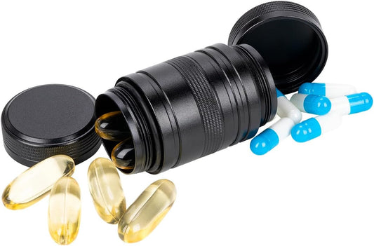 Metal Pill Box 2 Times a Day - Waterproof Samll Pill Case for Purse - Travel Pill Container, Portable Medicine Organizer Holder for Vitamin, Fish Oils, Supplements 1 Pack