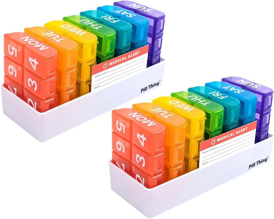 6 Times a Day, 7 Day Large Weekly Pill Organizer with Holder Tray, Vitamin, Medicine Box, Multicolor with Medical Alert Card (8X a Day - 2 Pack)