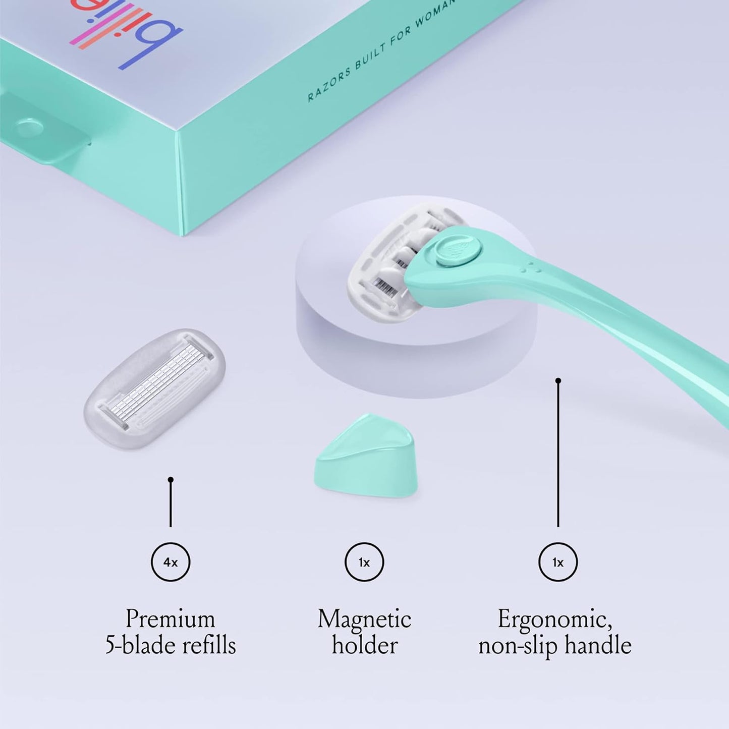 Billie Razors for Women Shave Kit – Razor + 4 x 5-Blade Razor Refills + Magnetic Holder – Minty