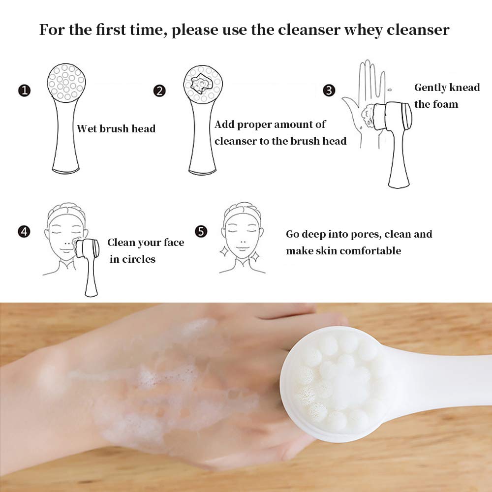 Double Sides Face Brushs, 3D Stand Vertical Silicone Facial Wash Brush, 2 in 1 Facial Cleansing Brush Manual Dual-Action Face Brush for Sensitive, Delicate, Dry Skins (2Pack/Pink)