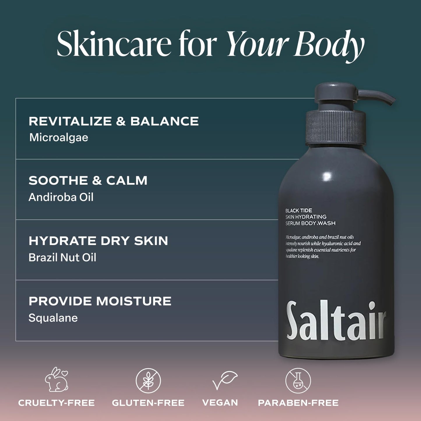 Saltair Body Wash, Black Tide 2-Pack. Moisturizing Body Cleanser with Monoi Oil and Cupuacu Butter. Luxury Shower Gel for Women and Men. Vegan, Cruelty-Free, Paraben-Free. 2x 17oz Pump Bottles
