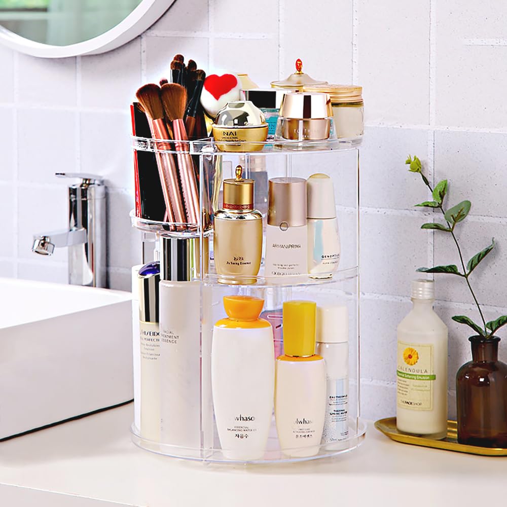 360 Rotating Makeup Organizer,Skincare Perfume Organizer,With Brush Holder Cosmetic Display Case Adjustable Detachable Shelves,Fits Bedroom Dresser or Countertop Multifunctional Cosmetic Holder
