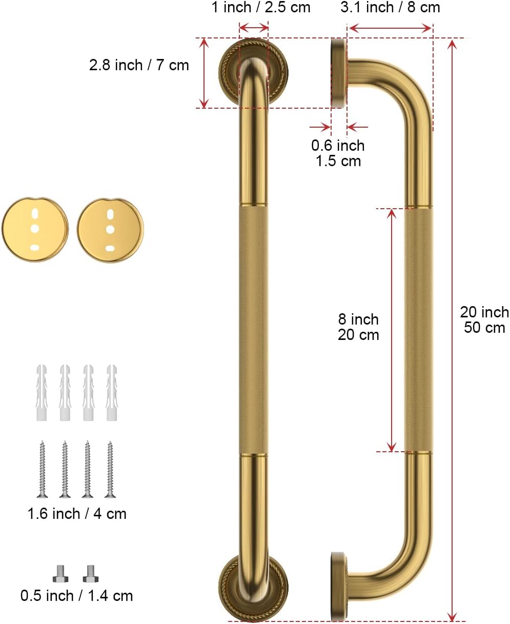 20 Inch Bronze Shower Grab Bar Gold, Munzong Antique Brass Bathroom Grab Bar w/Anti-Slip Knurled Grip, Bathroom Balance Bar, Safety Bath Handrail Support, Handicap Injury Elderly Senior Assist Handle