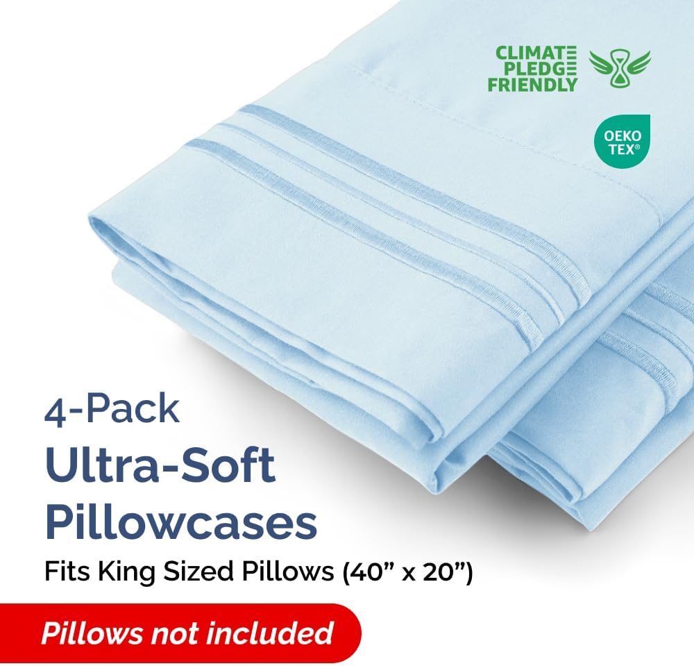 King Pillow Cases Set of 4 - Ultra Soft Hotel Quality Pillowcase Covers - Comfy, Cozy & Wrinkle Free - Shrinkage, Stain and Fade Resistant - Machine Washable Pillow Protectors - 4 Piece Set - Sky Blue