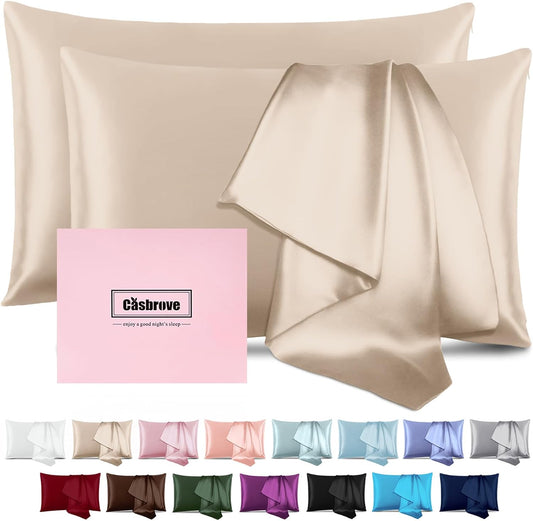 Silk Pillow Cases 2 Pack Mulberry Silk Pillow Cases Soft Breathable Both Sided Natural Silk Pillowcase with Zipper Beauty Sleep Silk Pillow Cases for Gift(Standard,Champagne)